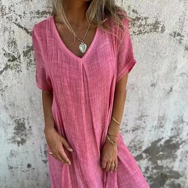 Naia™ - Robe à col en V en coton et lin aéré