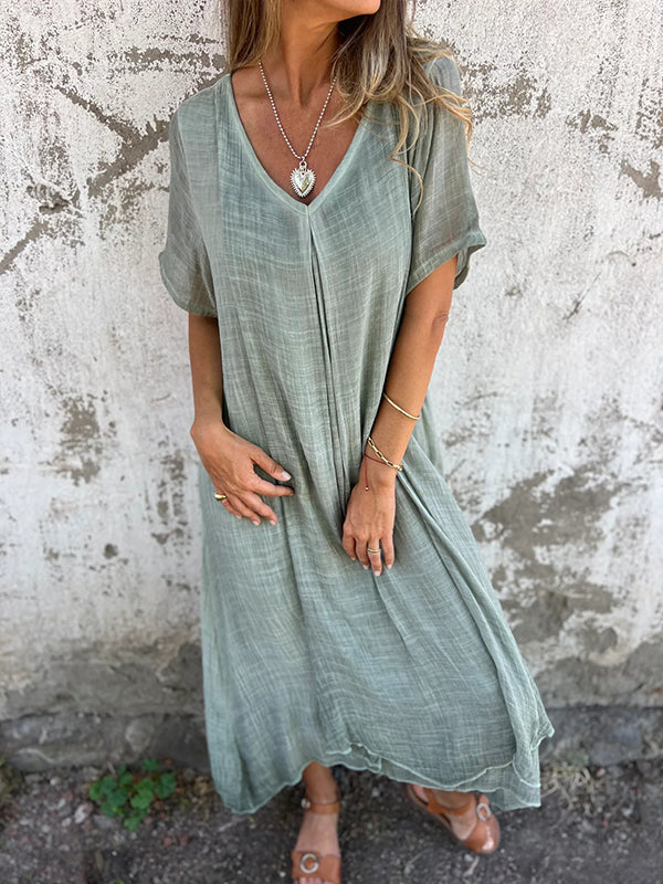 Naia™ - Robe à col en V en coton et lin aéré