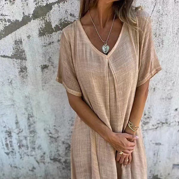Naia™ - Robe à col en V en coton et lin aéré