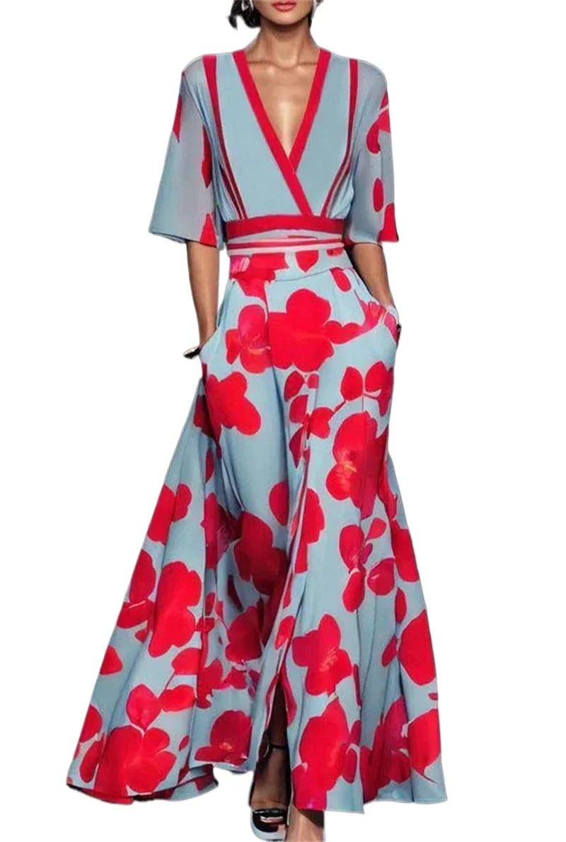 Elegant Fashion Party Dresses Woman 2025 Spring Floral Printed Pleated Waistband Long Maxi Dress Summer V Neck Bohemian Dress