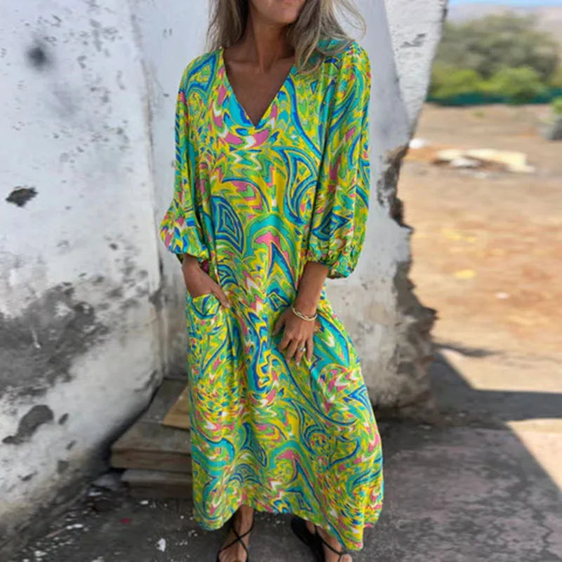 Spring Summer New Fashion V Neck Fashion Holiday Printed Dress For Women Commute Elegant Half Sleeve Pockets Casual Long Dresses
