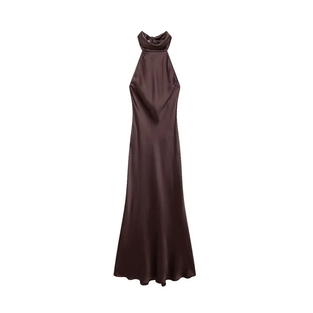 TRZA-Women's Long Satin Halter Dress, Backless, Bow Tied, Back Zipper, Female Dresses, Sexy Fashion