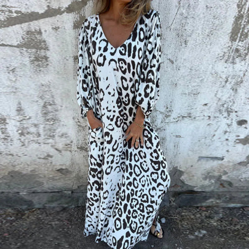 Spring Summer New Fashion V Neck Fashion Holiday Printed Dress For Women Commute Elegant Half Sleeve Pockets Casual Long Dresses