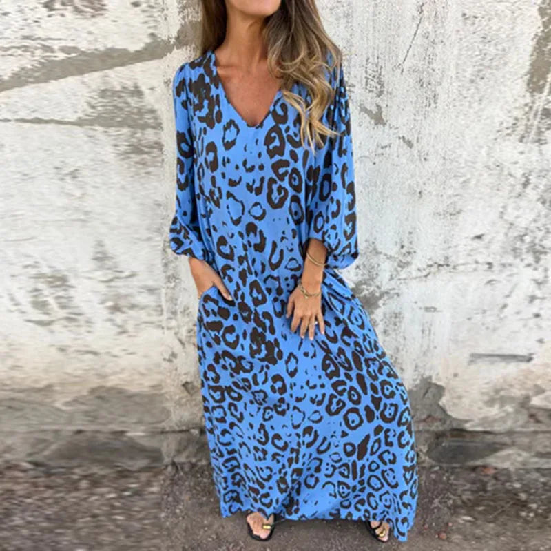 Spring Summer New Fashion V Neck Fashion Holiday Printed Dress For Women Commute Elegant Half Sleeve Pockets Casual Long Dresses