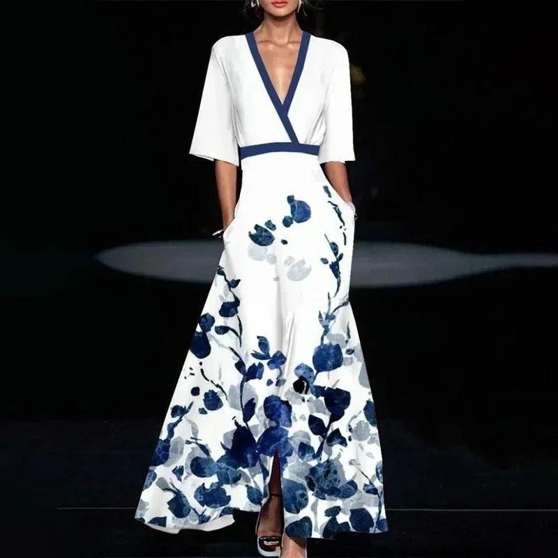 Elegant Fashion Party Dresses Woman 2025 Spring Floral Printed Pleated Waistband Long Maxi Dress Summer V Neck Bohemian Dress