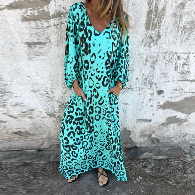 Spring Summer New Fashion V Neck Fashion Holiday Printed Dress For Women Commute Elegant Half Sleeve Pockets Casual Long Dresses