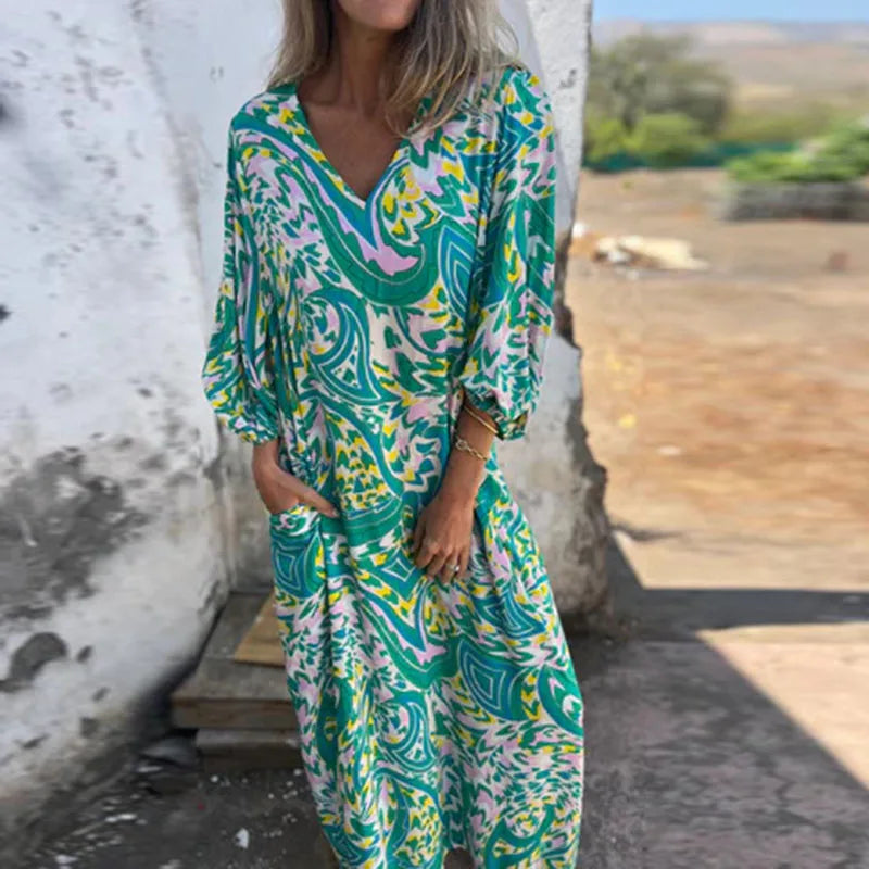 Spring Summer New Fashion V Neck Fashion Holiday Printed Dress For Women Commute Elegant Half Sleeve Pockets Casual Long Dresses