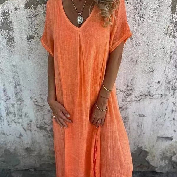 Naia™ - Robe à col en V en coton et lin aéré