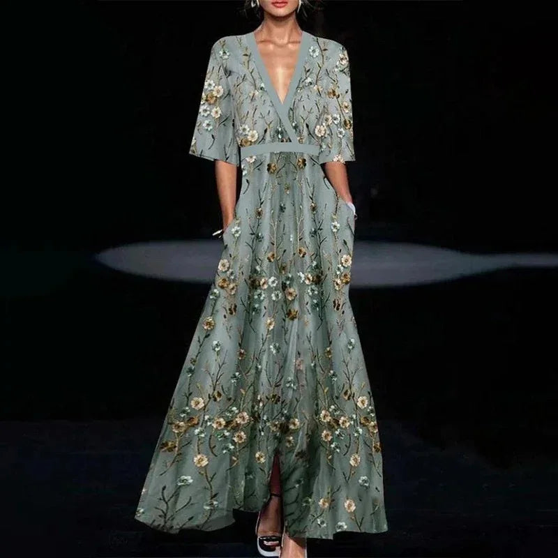 Elegant Fashion Party Dresses Woman 2025 Spring Floral Printed Pleated Waistband Long Maxi Dress Summer V Neck Bohemian Dress