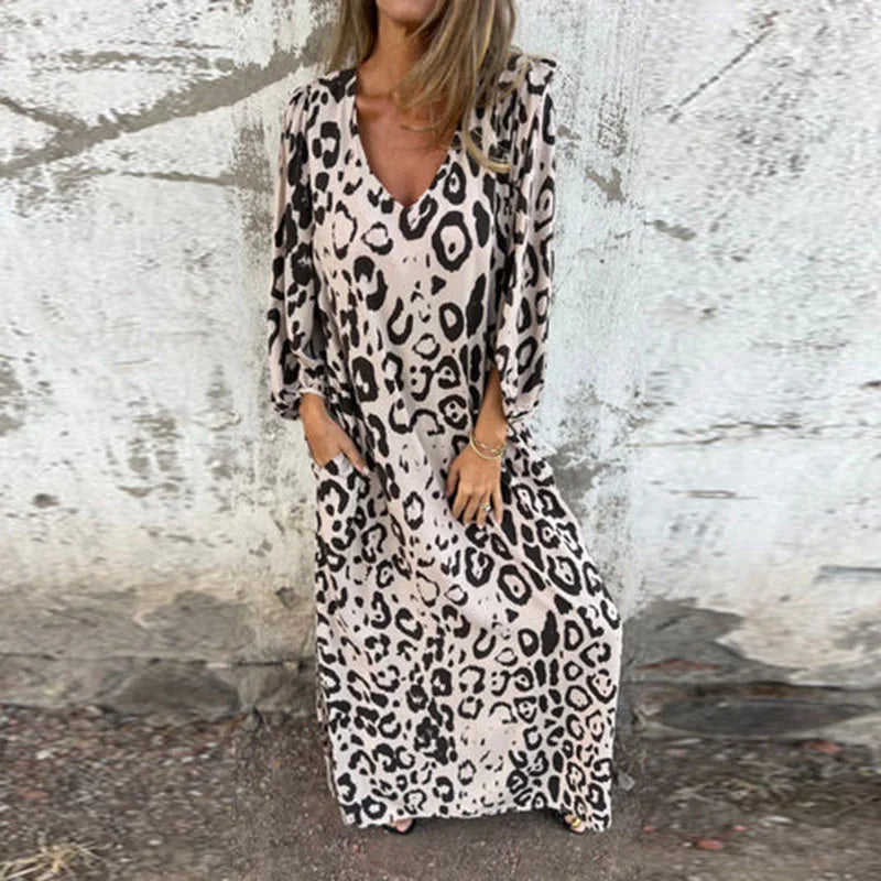 Spring Summer New Fashion V Neck Fashion Holiday Printed Dress For Women Commute Elegant Half Sleeve Pockets Casual Long Dresses
