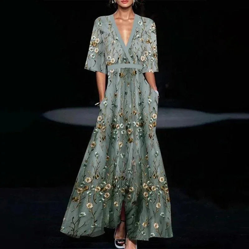 Elegant Fashion Party Dresses Woman 2025 Spring Floral Printed Pleated Waistband Long Maxi Dress Summer V Neck Bohemian Dress