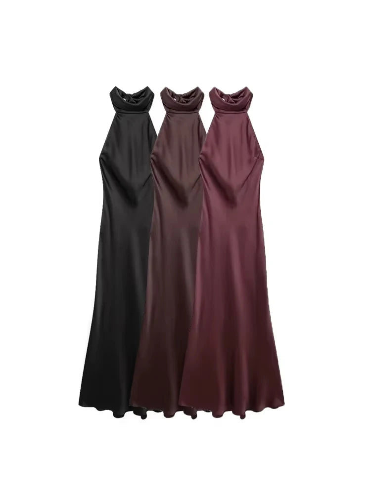 TRZA-Women's Long Satin Halter Dress, Backless, Bow Tied, Back Zipper, Female Dresses, Sexy Fashion