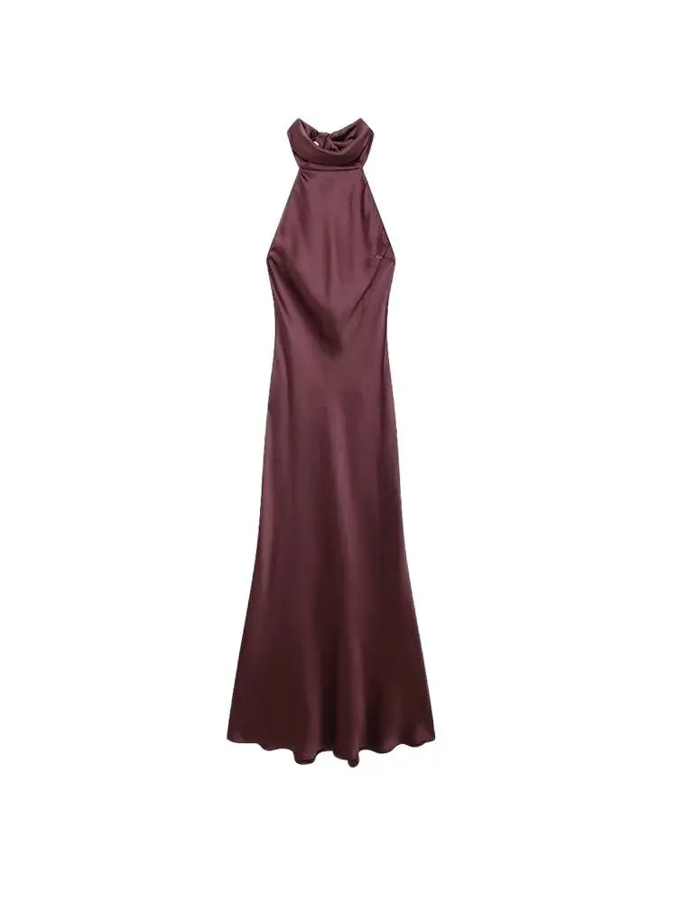 TRZA-Women's Long Satin Halter Dress, Backless, Bow Tied, Back Zipper, Female Dresses, Sexy Fashion