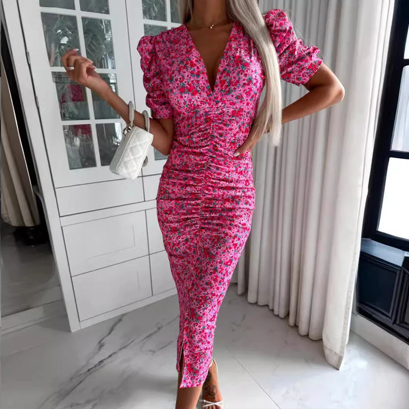 Floral Women Dress for 2024 Summer High Waisted Short Sleeve Slim Hip Dresses Fashion Female Clothing Vacation Beach Sundress