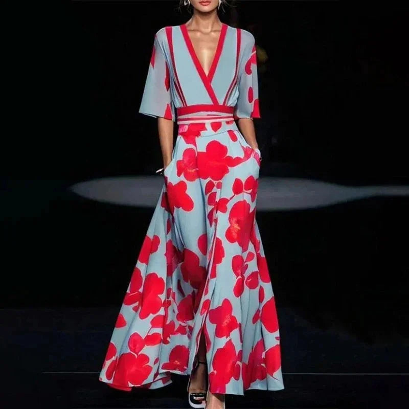 Elegant Fashion Party Dresses Woman 2025 Spring Floral Printed Pleated Waistband Long Maxi Dress Summer V Neck Bohemian Dress
