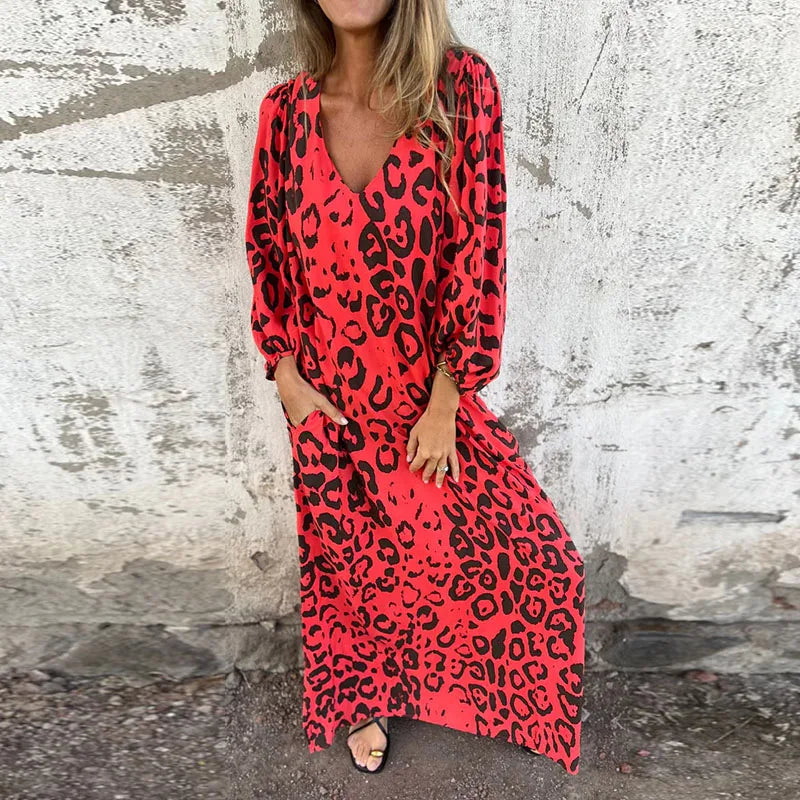 Spring Summer New Fashion V Neck Fashion Holiday Printed Dress For Women Commute Elegant Half Sleeve Pockets Casual Long Dresses