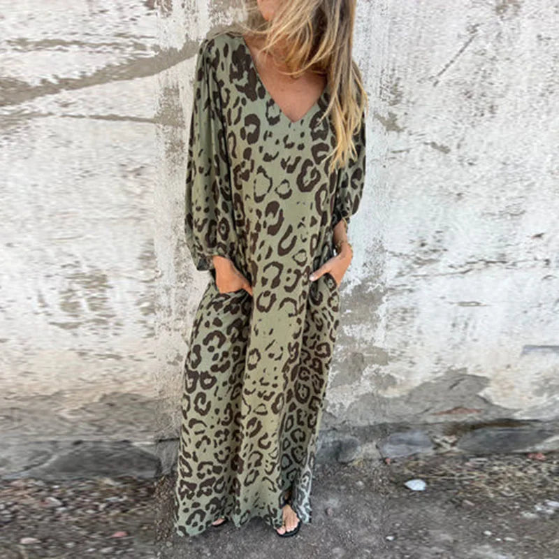 Spring Summer New Fashion V Neck Fashion Holiday Printed Dress For Women Commute Elegant Half Sleeve Pockets Casual Long Dresses