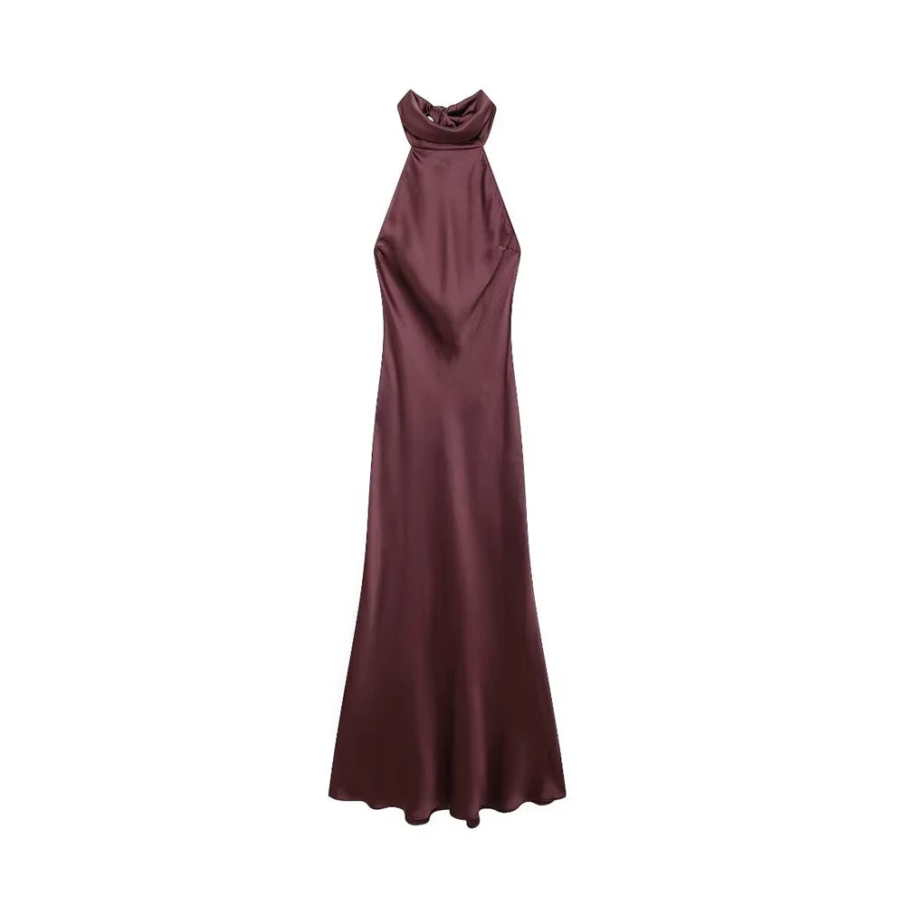 TRZA-Women's Long Satin Halter Dress, Backless, Bow Tied, Back Zipper, Female Dresses, Sexy Fashion